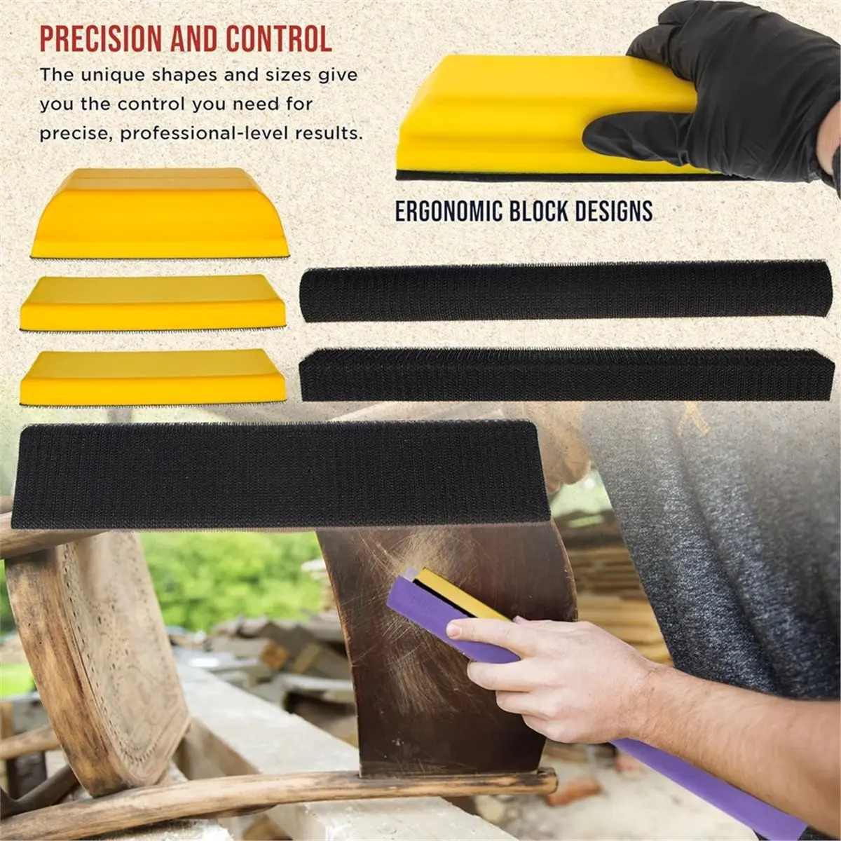 7-Piece Hand Sanding Block Set, Handheld Hook & Loop Sander Pads - Rectangle, Flat, Round, Curved, Contoured Shapes [2026 MOCC]