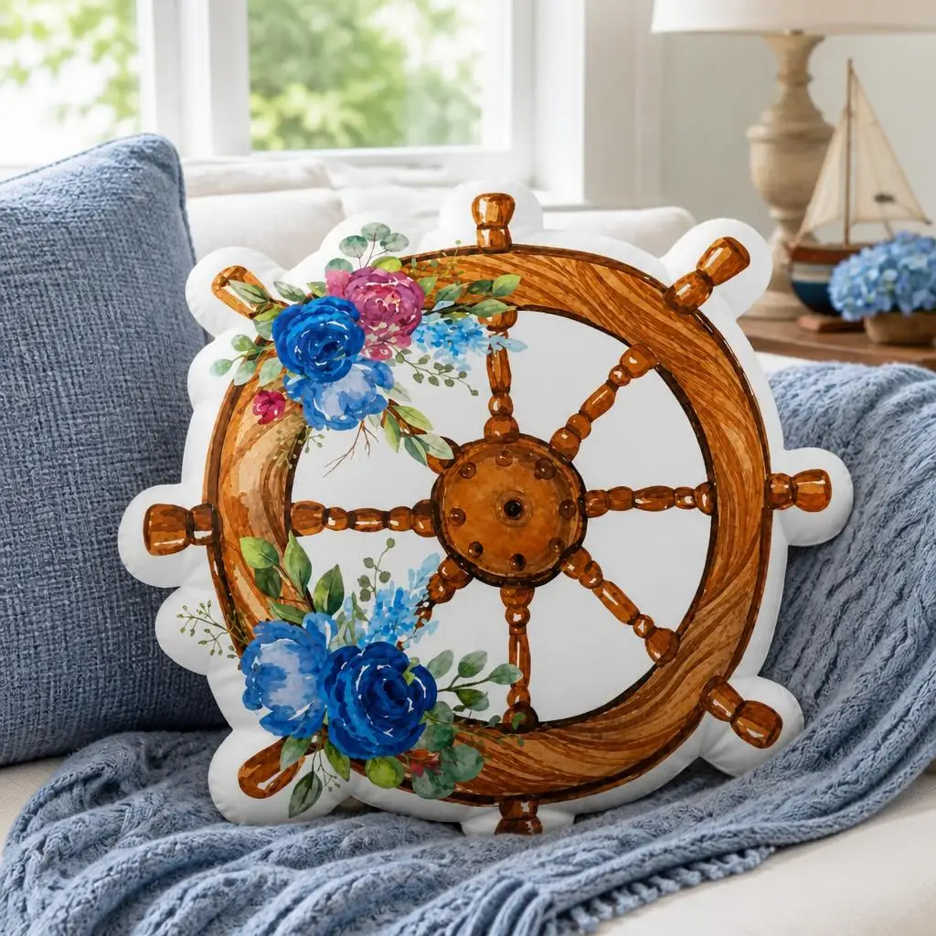 Nautical Ship Wheel Maritime Coastal Floral Plush Pillow Cushion Irregular Stuffed Throw Pillow Home Decor Gift Sofa Bed