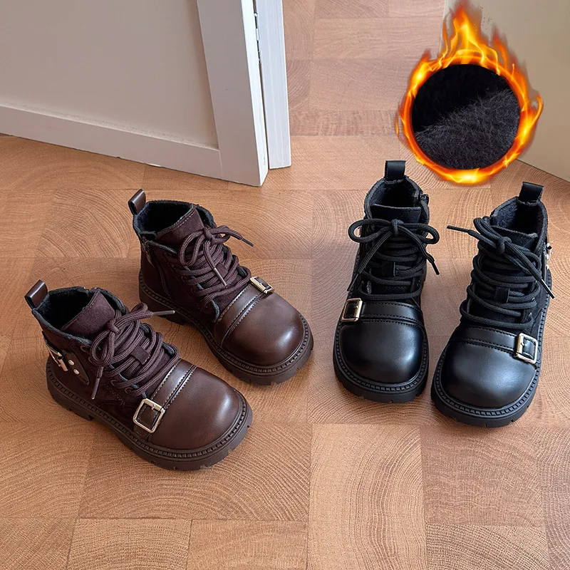 Kids'Snow Boots Buckle PU Leather Winter Fashion Outdoor Thick Bottom Shoes For Children Warm Anti-slip Black Brown Size 26-36