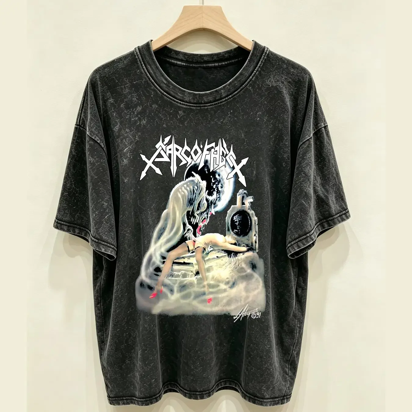 washed T Shirt Reprint Sarcofago  Cotton Black Men Size S to 2345XL PM688 vintage Washed graphic Top For Everyday Wear