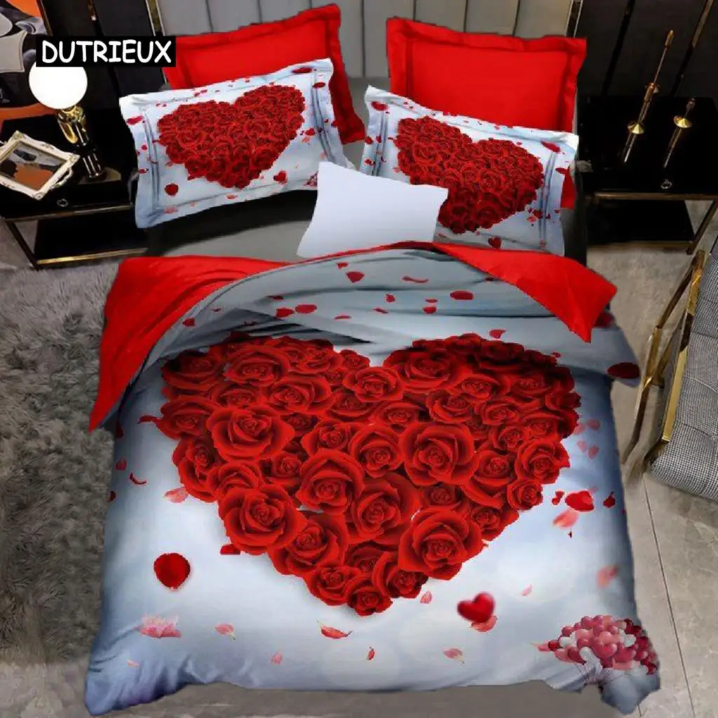 

3D Rose Heart Bedding Set Nordic Duvet Cover 150x200 220x240 King Size Quilt Cover Modern Cat Wolf Print Pillowcase No Bed Sheet