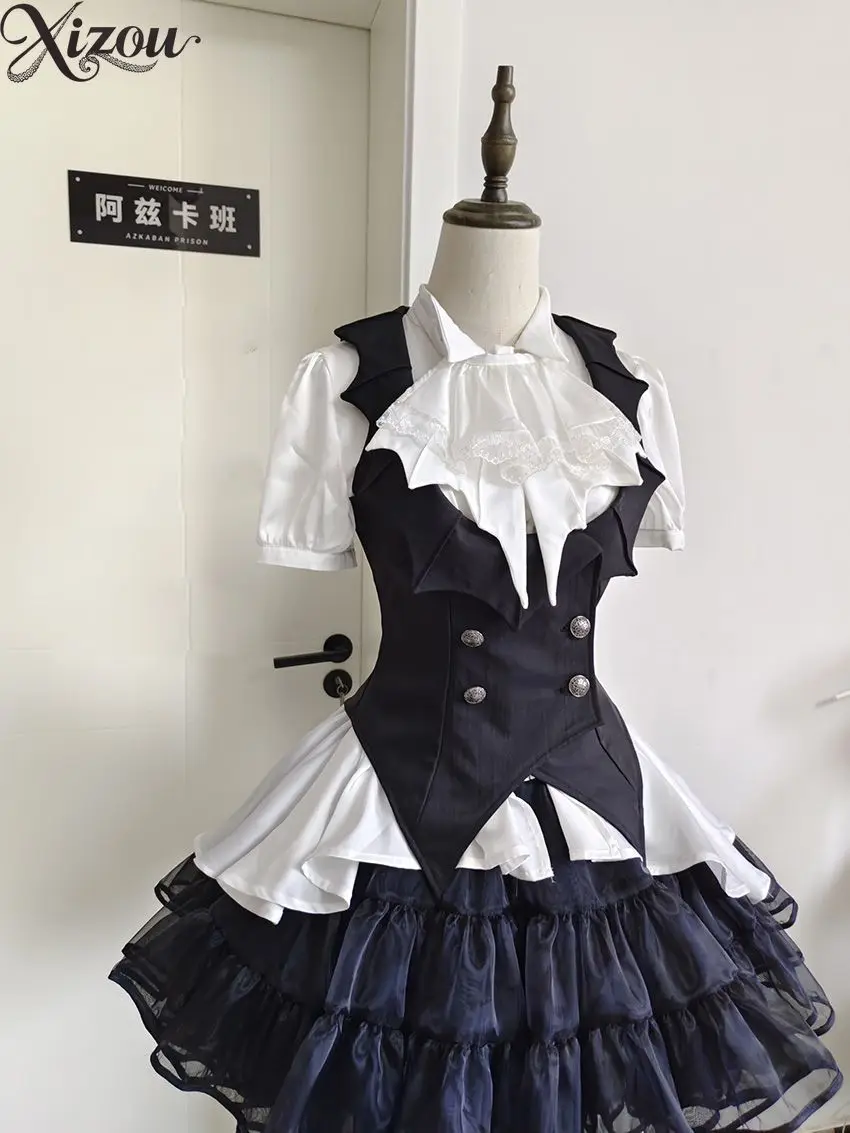 Japanese Gothic Lolita Vintage Puff Short Sleeve Ruffle Slim Fit Black Vest Layered Sweet Cool Cosplay Daily Wear Women 2026