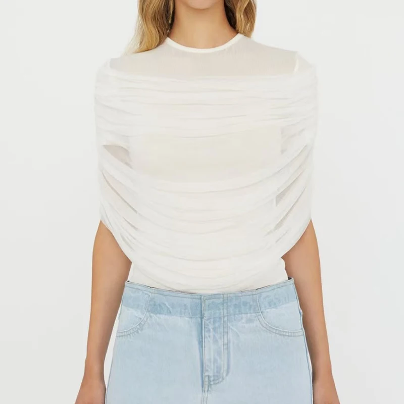

Women's Mesh Splicing One Neck T-Shirt, Pleated Short Sleeve Slimming Top, High Quality Hundred Top, Summer, New, 2025