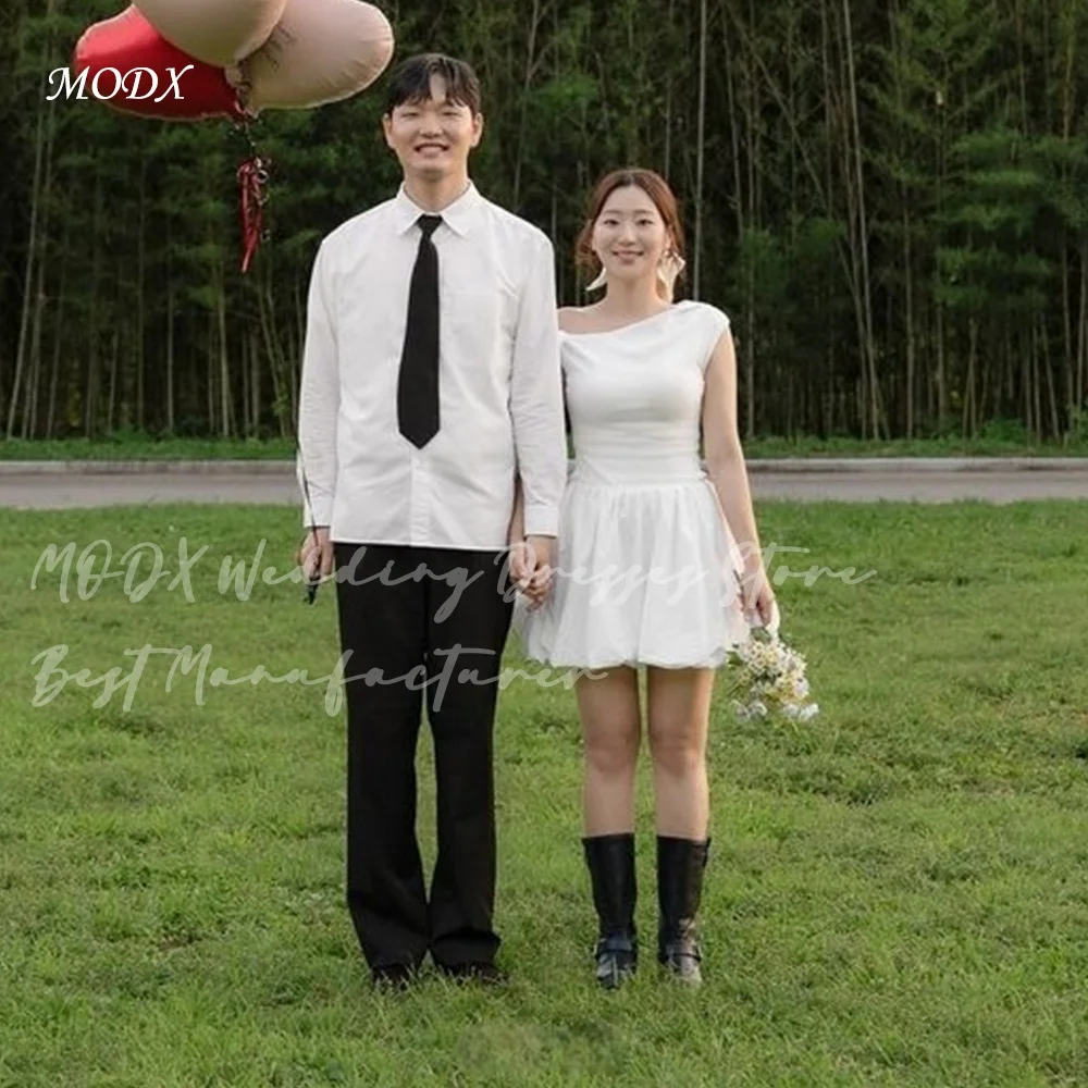 MODX Lovely Korean Ivory Wedding Dress Off-Shoulder Short Length Bubble Skirt Simple Bodice Casual Style Bridal Party Gown