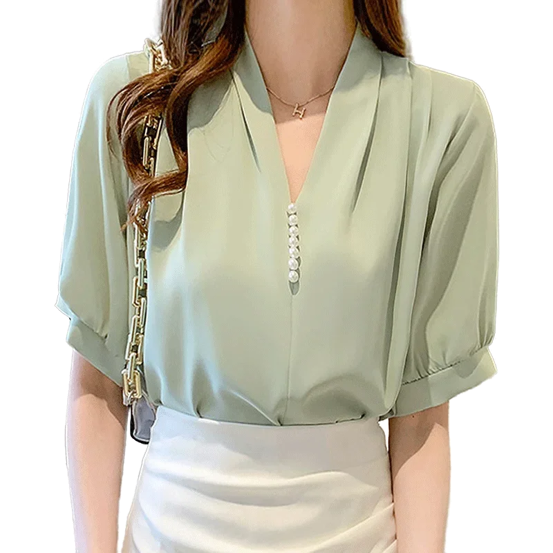 Summer New Elegant V Neck Chiffon Blouse Short Sleeve Solid Color Thin All-match Shirt Tops Temperament Fashion Women Clothing