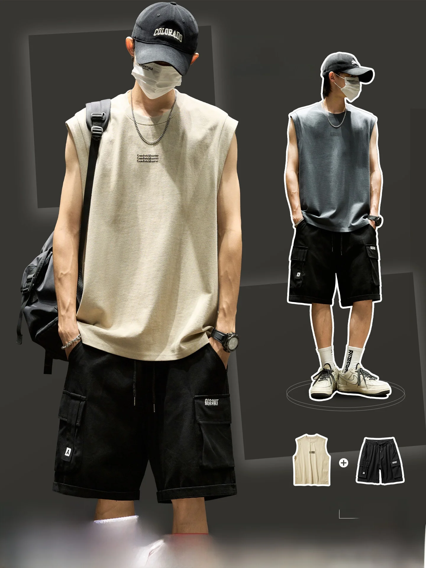 

Мужской летний повседневный спортивный костюм в американском уличном стиле: жилет с подплечниками и шорты в рабочем стиле, 100% хлопок