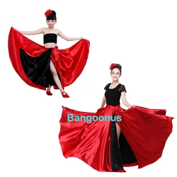 360-720 Degree Red Black Satin Solid Spanish Flamenco Skirt Lace Up Female Dance Costumes Girls Ballroom Mother Daughter Dress