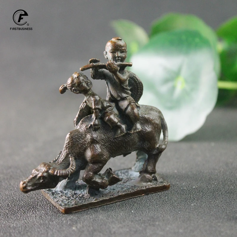 Antique Copper Little Children flute Riding Bull Small Statue Home Decorations Crafts Vintage Animal Figurines Desktop Ornaments