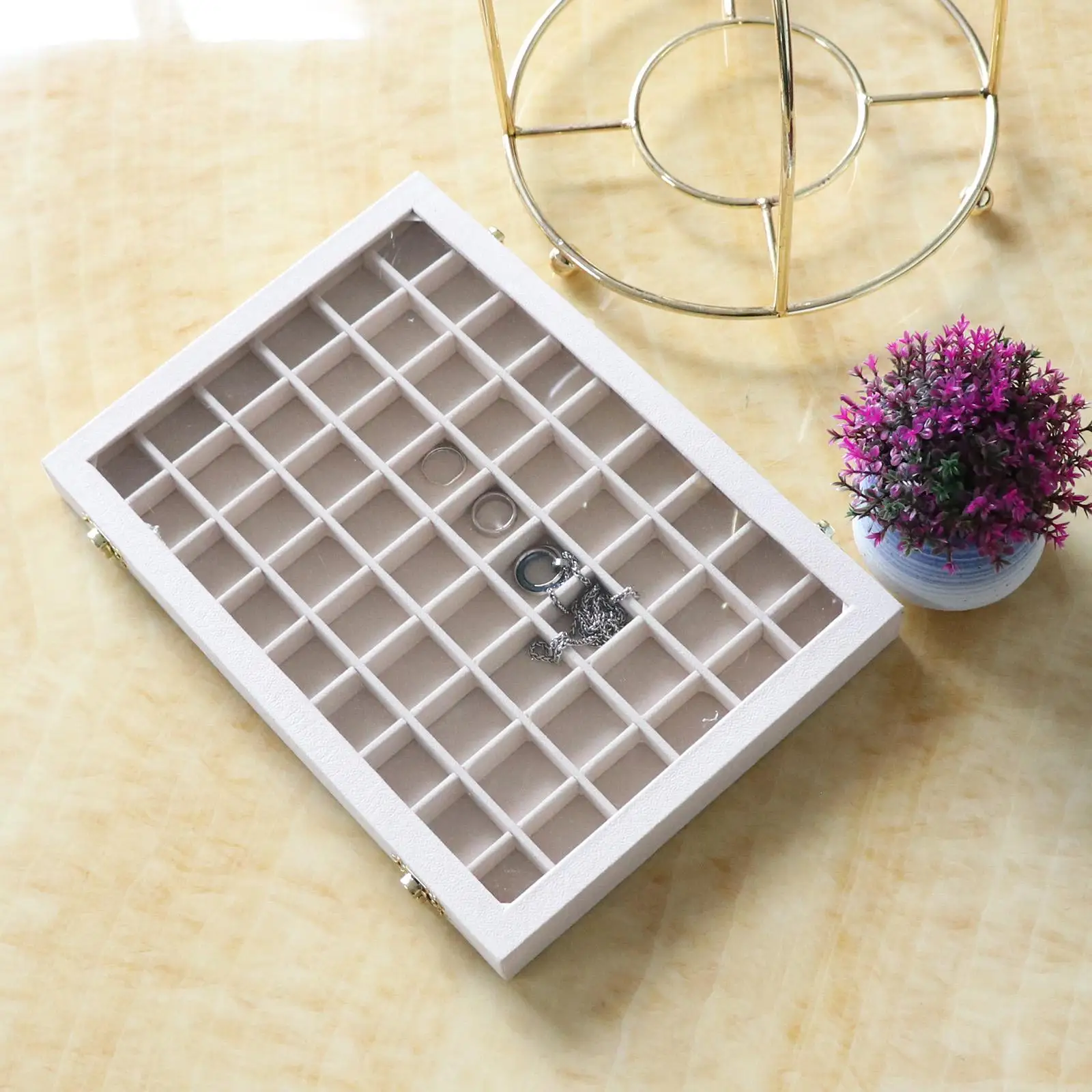 

Wood Jewelry Display Tray Diamond Beads Storage w/ Glass Lids Organizer Showcase