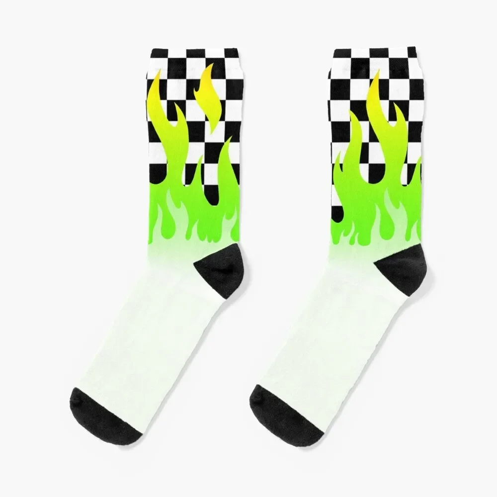 Green Flame Checkerboard Socks crazy Crossfit Socks For Girls Men's