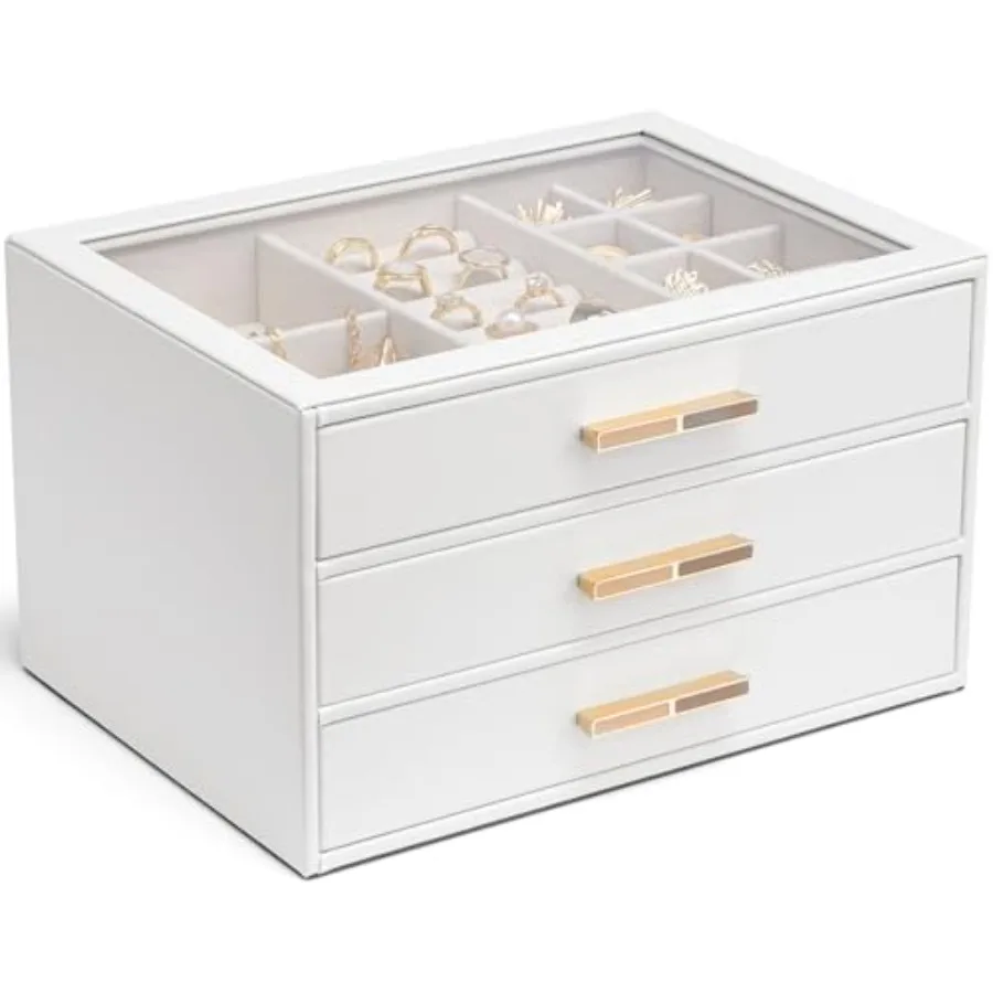 

Jewelry Box for Women Glass Lid Jewelry Organizer with 3 Drawers for Necklaces Rings Earrings Bracelets Christmas Gift - White