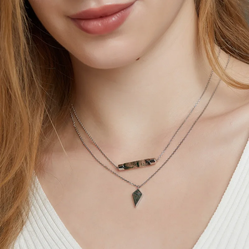 

Geometric Moss Agate Pendant Choker Necklace S925 Silver Gold Plated for Women