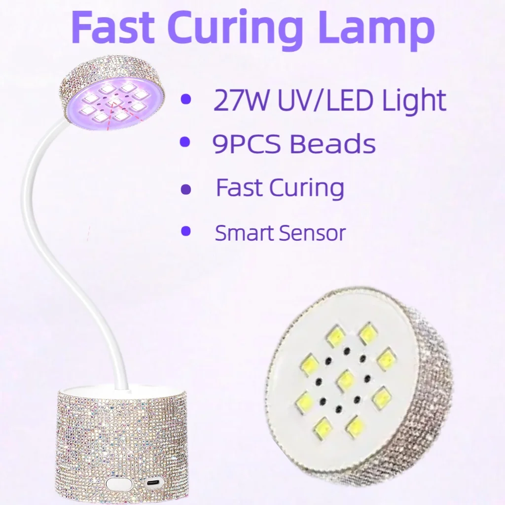 مصباح أظافر صغير قابل لإعادة الشحن 360 °   مجفف LED بالأشعة فوق البنفسجية قابل للدوران، مستشعر ذكي، مؤقتين، ضوء معالجة حجر الراين المحمول لتلميع الجل