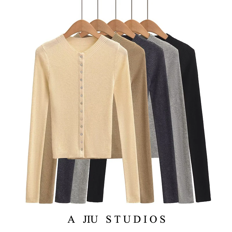 

American Sle Slim Fit ort Вязаный кардиган женский весенне-осенний длинный све круглый топ на пуговицах Street Faion