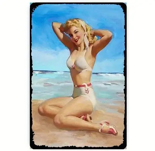 Klassisches sexy Bikini-Modell; Vintage-Metallschild für die Männerhöhle