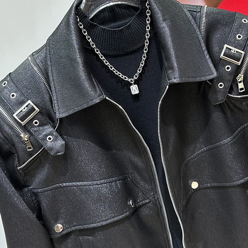 PFHQ New American Trendy Metal Decoration Design Jacket Popular Versatile Shoulder Pad Solid Color Male Tops Fashion 21Z5804