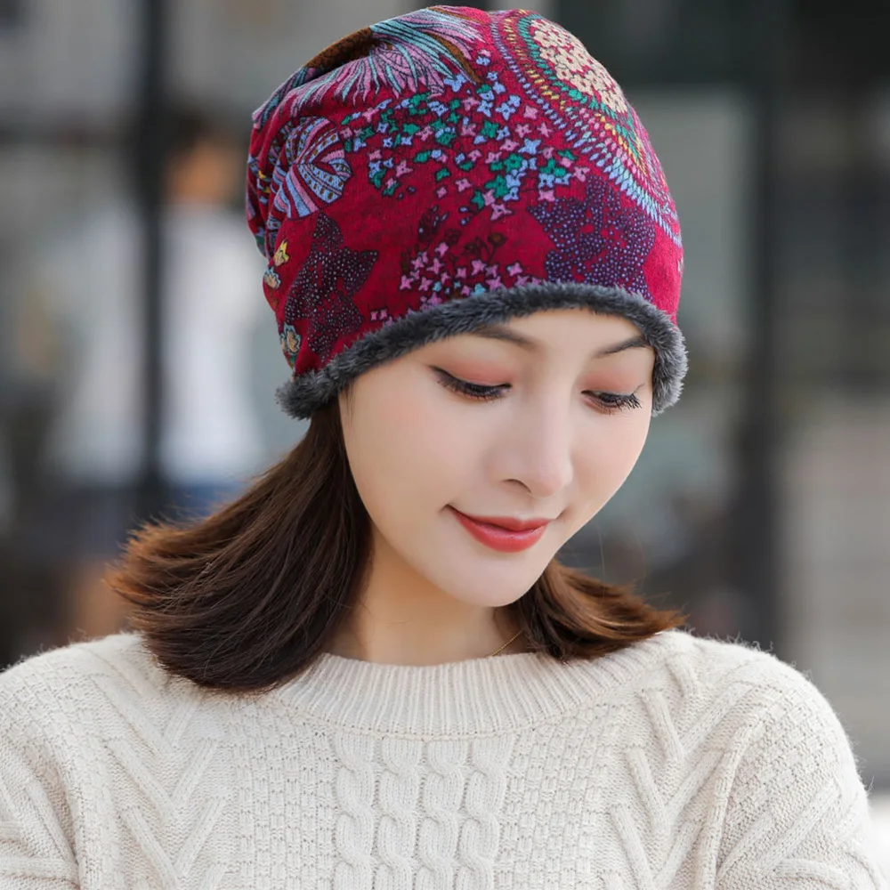 

Soft Winter Cap Plus Velvet Neck Warm Print Flower Soft Beanie Women Hat Bib Hats Velvet Bonnet