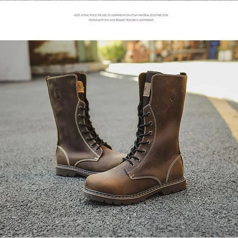 Motorcycle Riding Boots High Leg Cowhide Boots Waterproof Breathable Wear-resistant Casual Shoes Motorcycle Boots Men