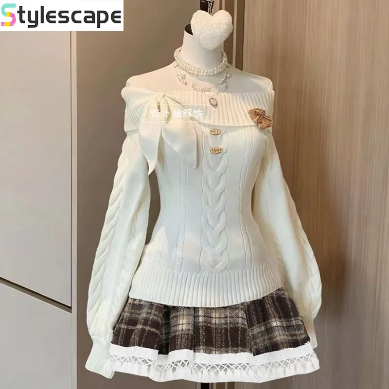 

Autumn and Winter New Loose Long Sleeved Sweater Korean Style Lapel Knit Sweater Women's Woolen Lace Short Skirt Two-piece Set