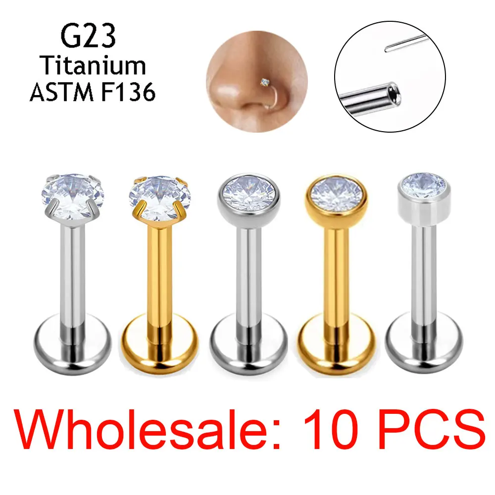 10PCS Ear Studs Threadless G23 Titanium Nose PIERC Push Pin Labret Lip Rings Earrings Cartilage Helix Piercing Jewelry Wholesale