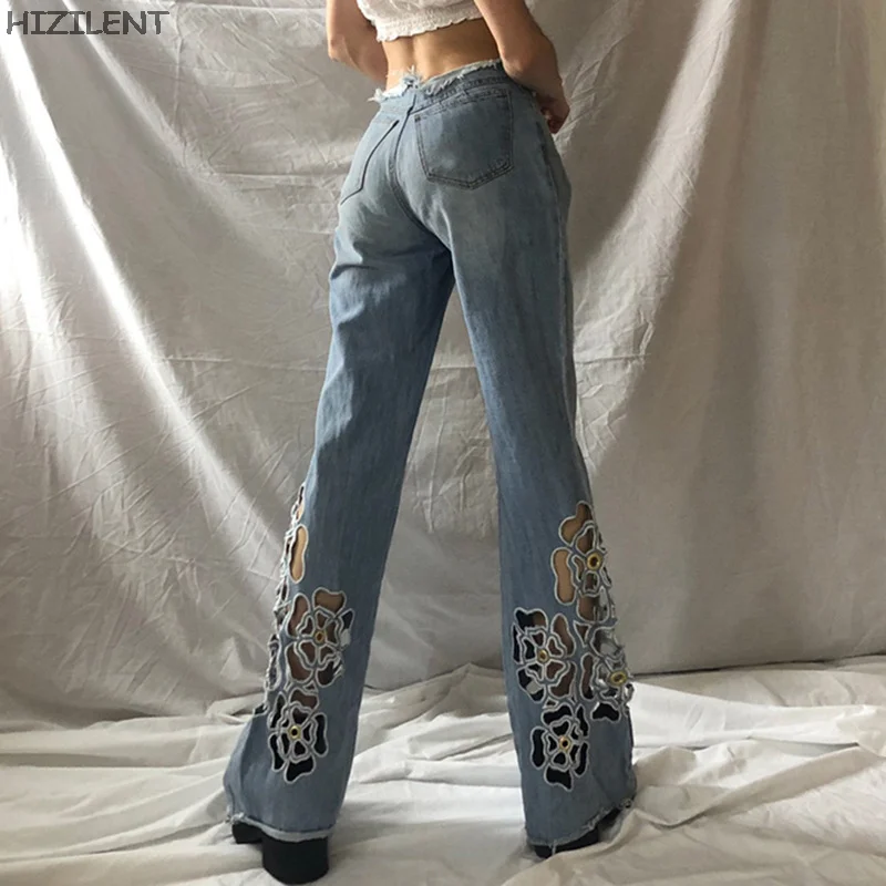 

2022 Floral Hollow Out Fashion Denim Trousers Women Streetwear Grunge Pants Y2K Flare Jeans Tassel Vintage Streetwear Clothing