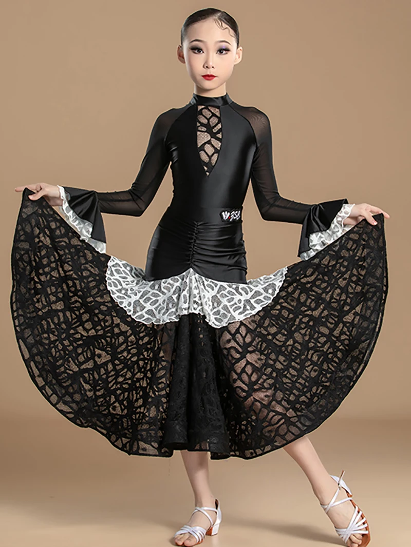 Kids Girls Modern Dance Children's Waltz Dance Bodysuit and Big Swing Skirt Competition Practice Performance Dancewear