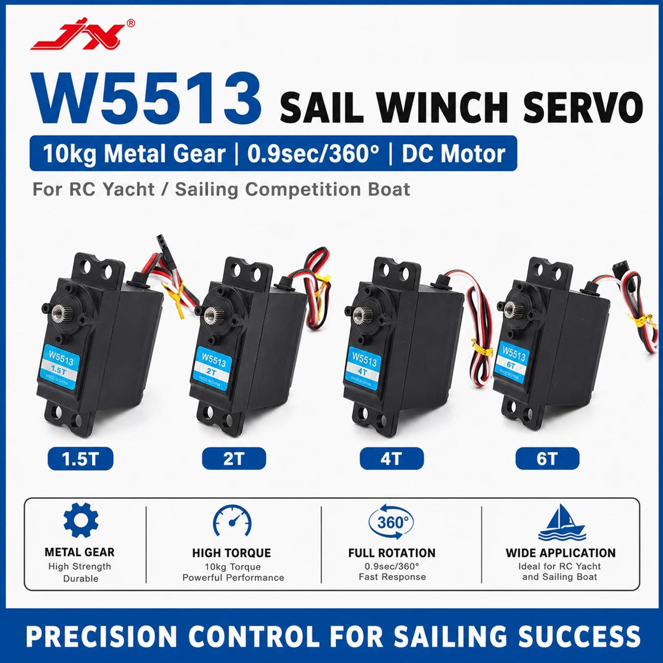 JX Servo W5513 10kg Metal Gear Sail Winch Servo 0.9sec 360° 1.5T/2T/4T/6T for RC Yacht DC Motor Sailing Competition Boat Parts