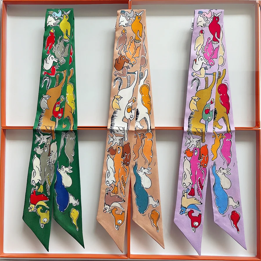 2024 New Double Sided 100% Natural Silk Scarf Brand Ribbon Skinny Long Narrow Neckerchief Handbag Handle Necktie Hair Head Band