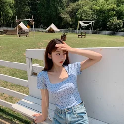 Women's T-shirt Short Sleeve Tees Summer 2024 Floral Graphic T-shirts Cute Vintage Top Women Crop Top Korean Popular Clothes Y2k