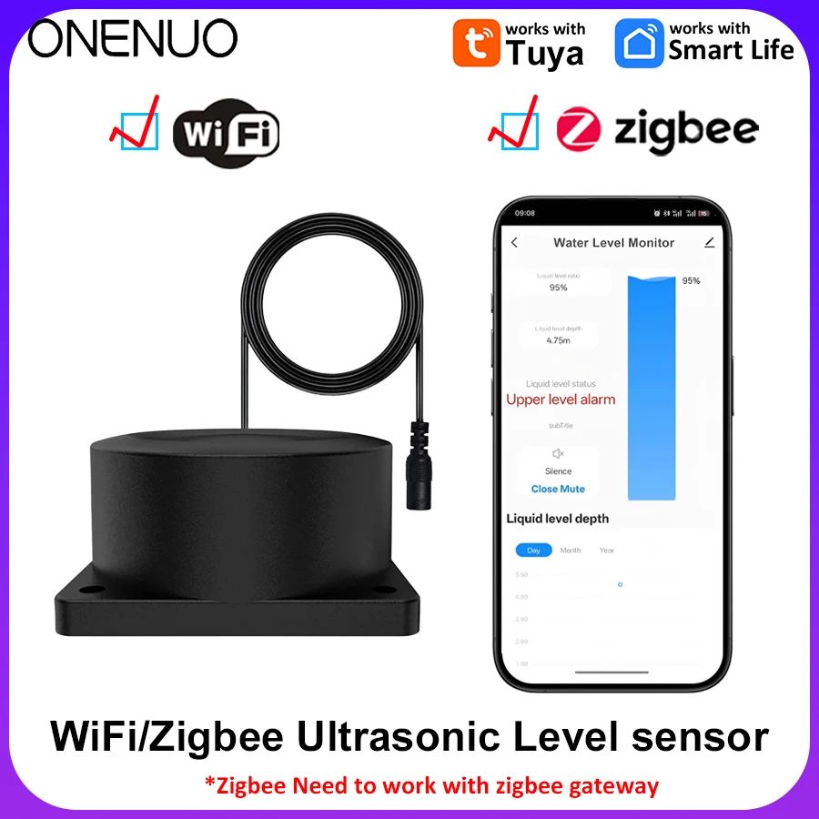 

Tuya App WiFi or ZIgbee Wireless Liquid Monitor Sensor Ultrasonic Depth Wireless Gauge Water Tank Level Sensor