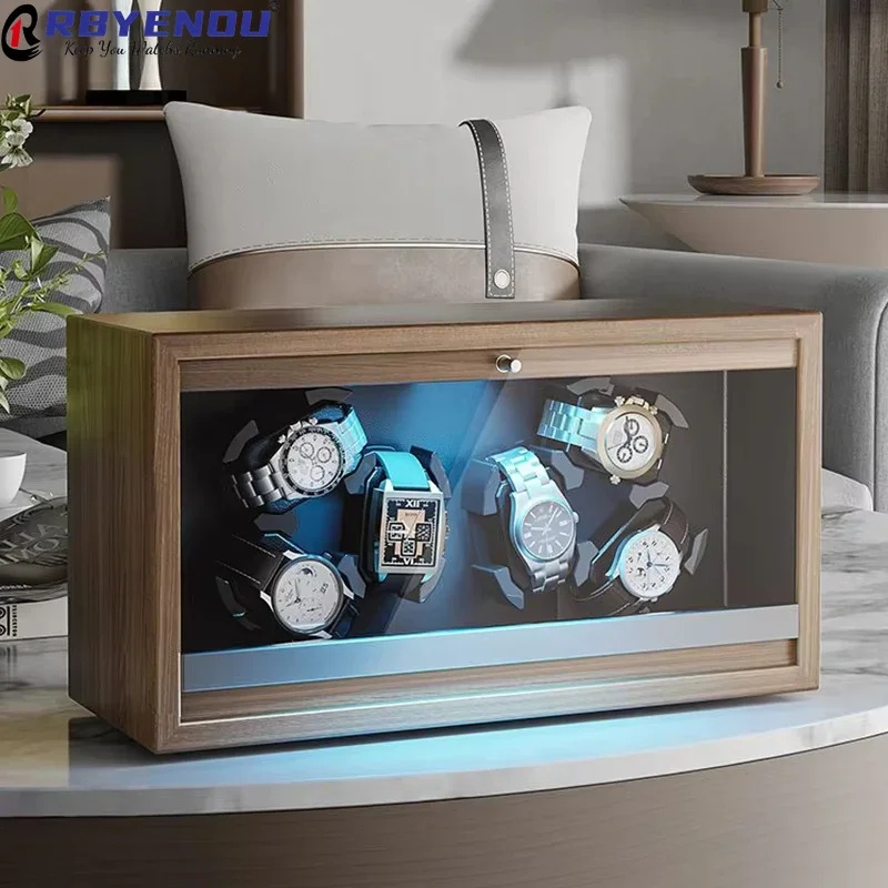 Watch Winders Box 6 Slot Black Walnut Grain Wooden Fully Automatic Watch Upwind Cover Open Stop with LED Light Customizable Logo