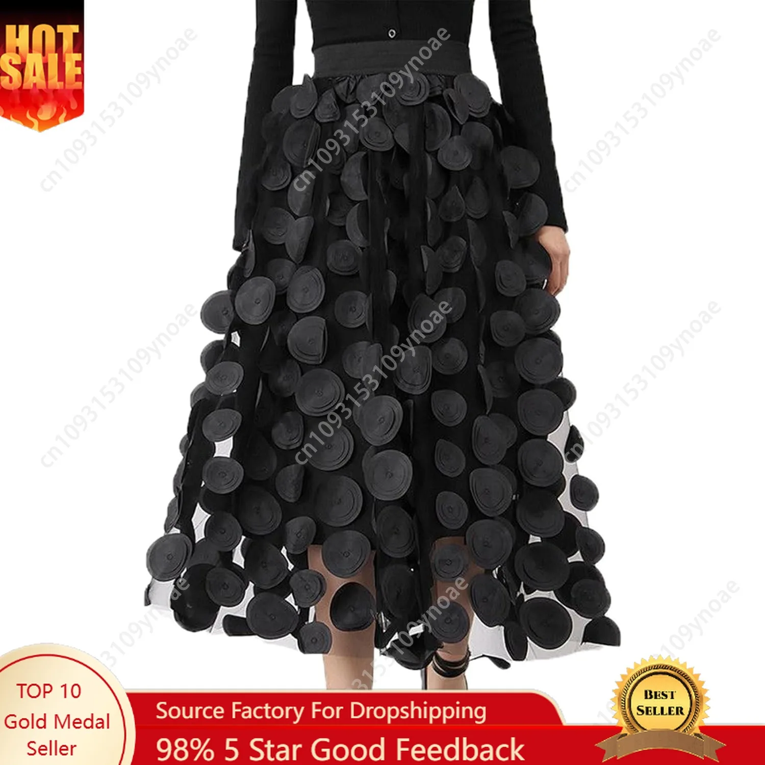 

3D Polka Dot Flowy Maxi Dresses Sexy Women Elastic Waist Mesh A Line Midi Skirt Tulle Swing Skirts Vintage Embroidery