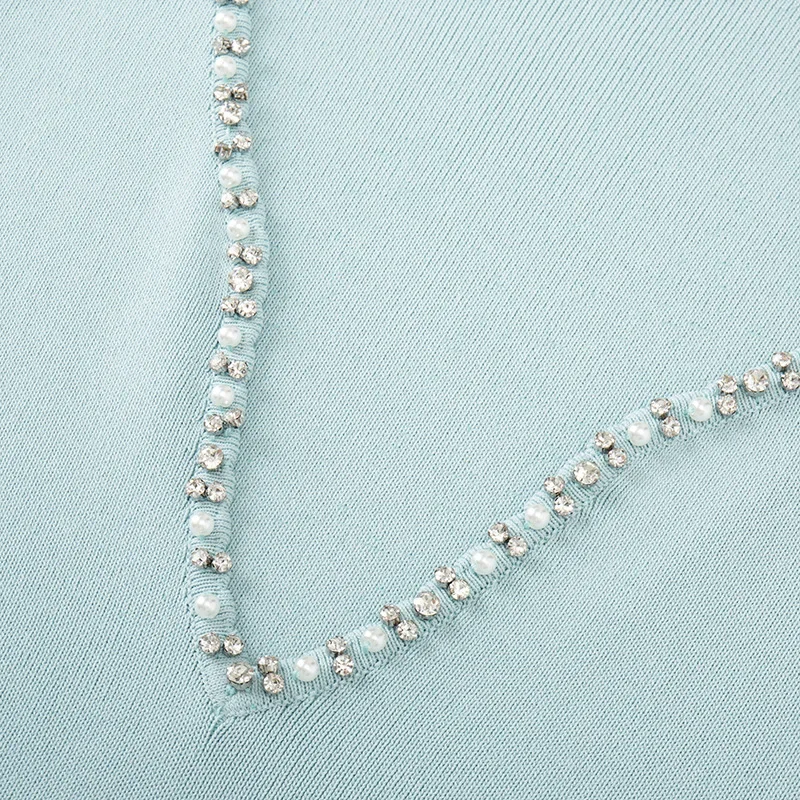 فستان نسائي محبوك بدون أكمام برقبة على شكل حرف V باللون الأزرق الفاتح مع زخرفة لؤلؤية أنيق متوسط الطول فستان ذيل السمكة رداء متوسط الطول #6