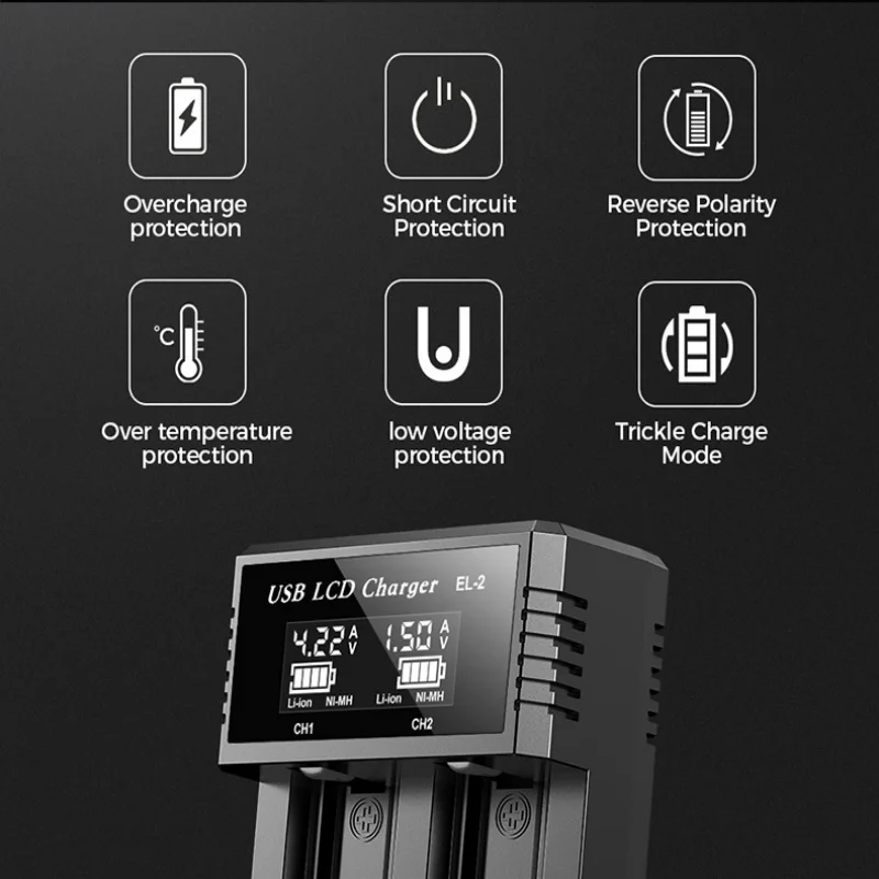 شاحن بطارية USB ذكي LCD بفتحتين لبطاريات ليثيوم 18650 3.7 فولت قابلة لإعادة الشحن وبطاريات Ni-MH AA/AAA 1.2 فولت - كشف وشحن تلقائي