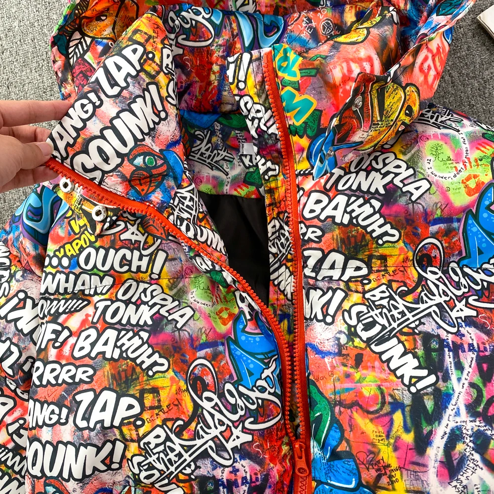 Winter Harajuku Rainbow Graffiti Printed Bomber Coat Thickened Cotton Padded Jacket Zipper Parka Cardigan Hooded Streetwear Tops