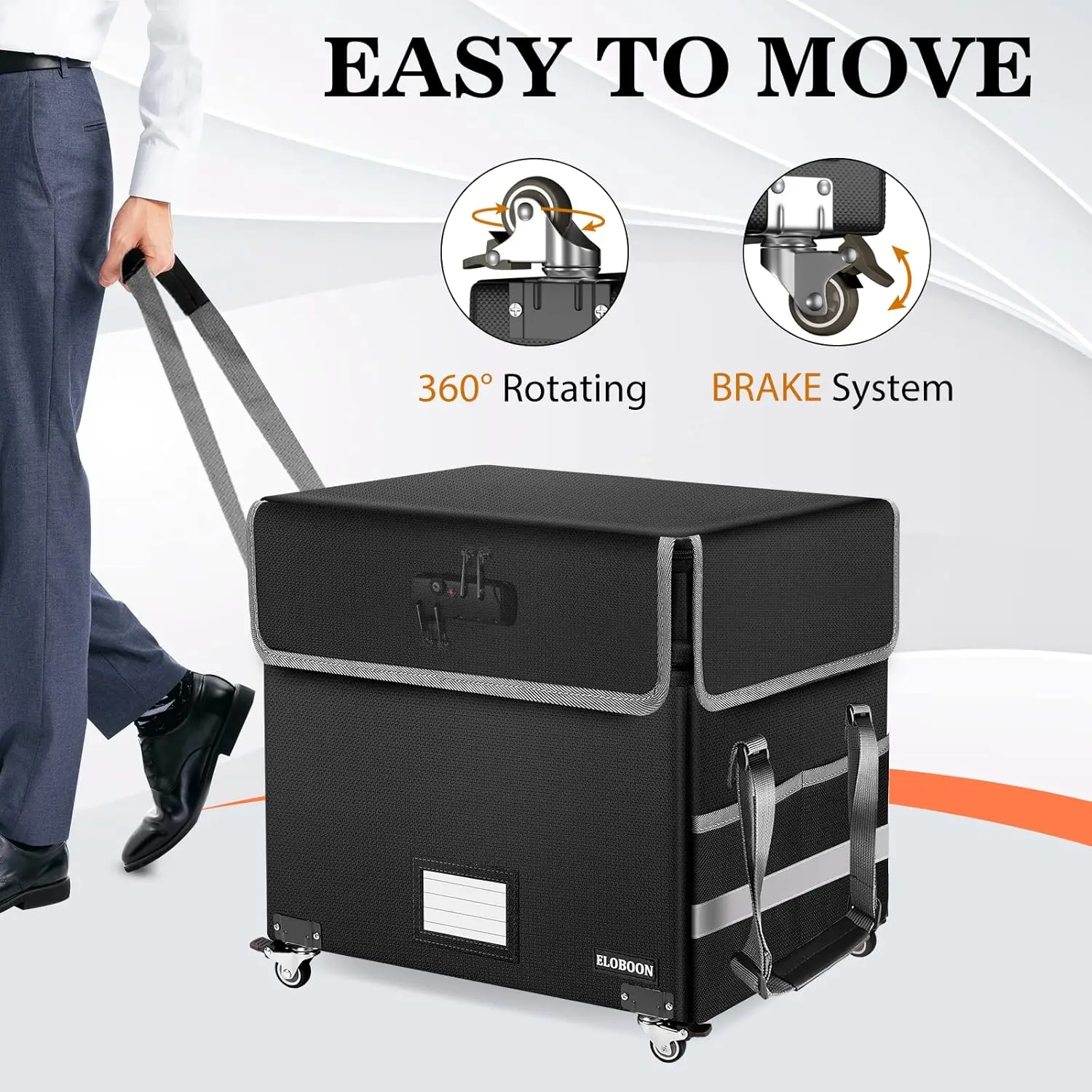 Fireproof Document Box with Wheels, Collapsible File Organizer for Home & Office, Black