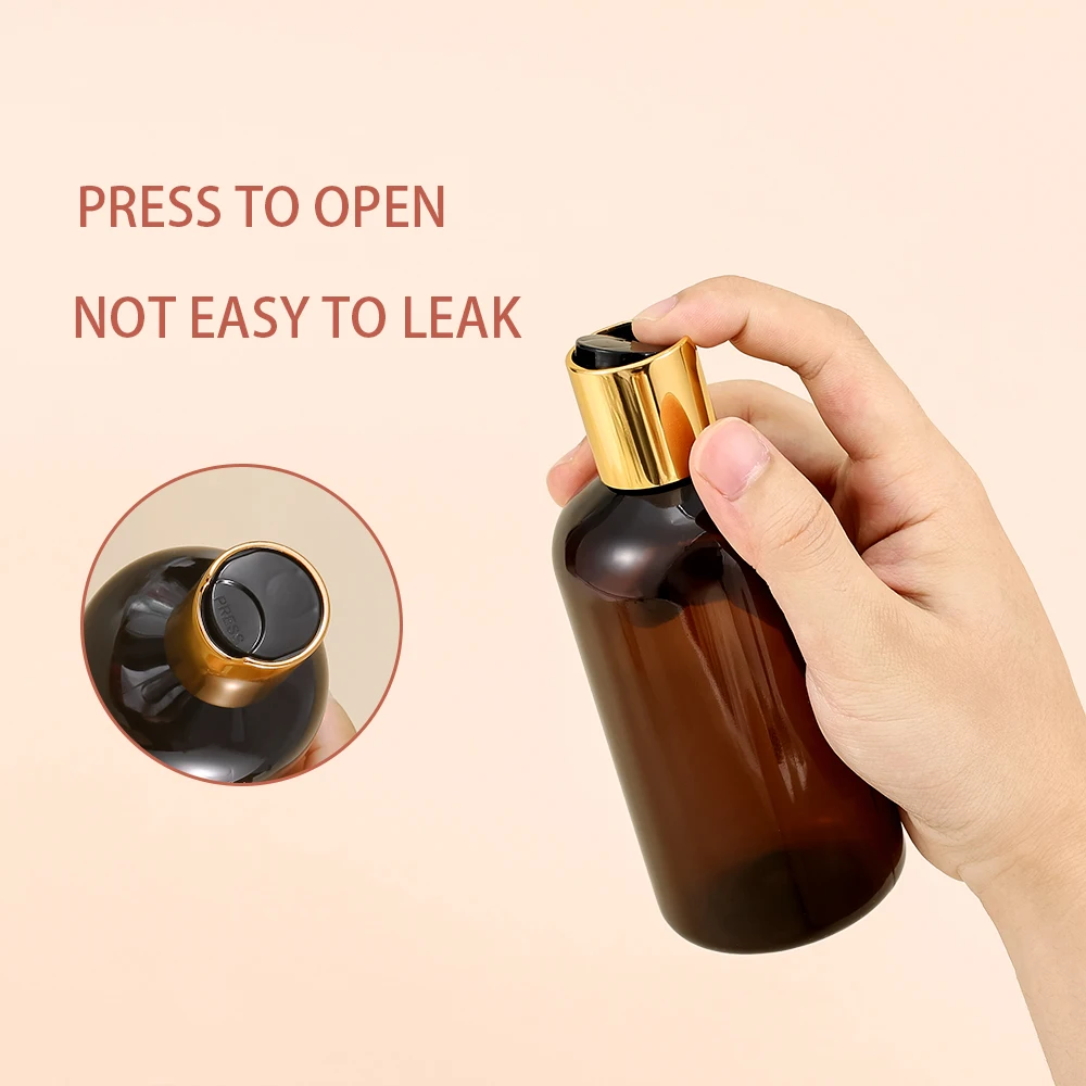 5 Pcs Plastic Travel Bottles with Gold Disc Top Flip Cap Empty for Shampoo Lotions Cream Toiletries Body Soap ( Brown , 250ml )