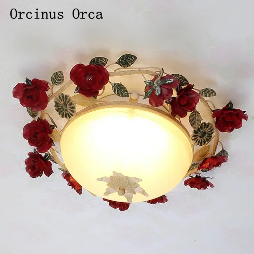 

American Rural Red Rose ceiling lamp living room corridor balcony bedroom European romantic retro led flower ceiling lamp