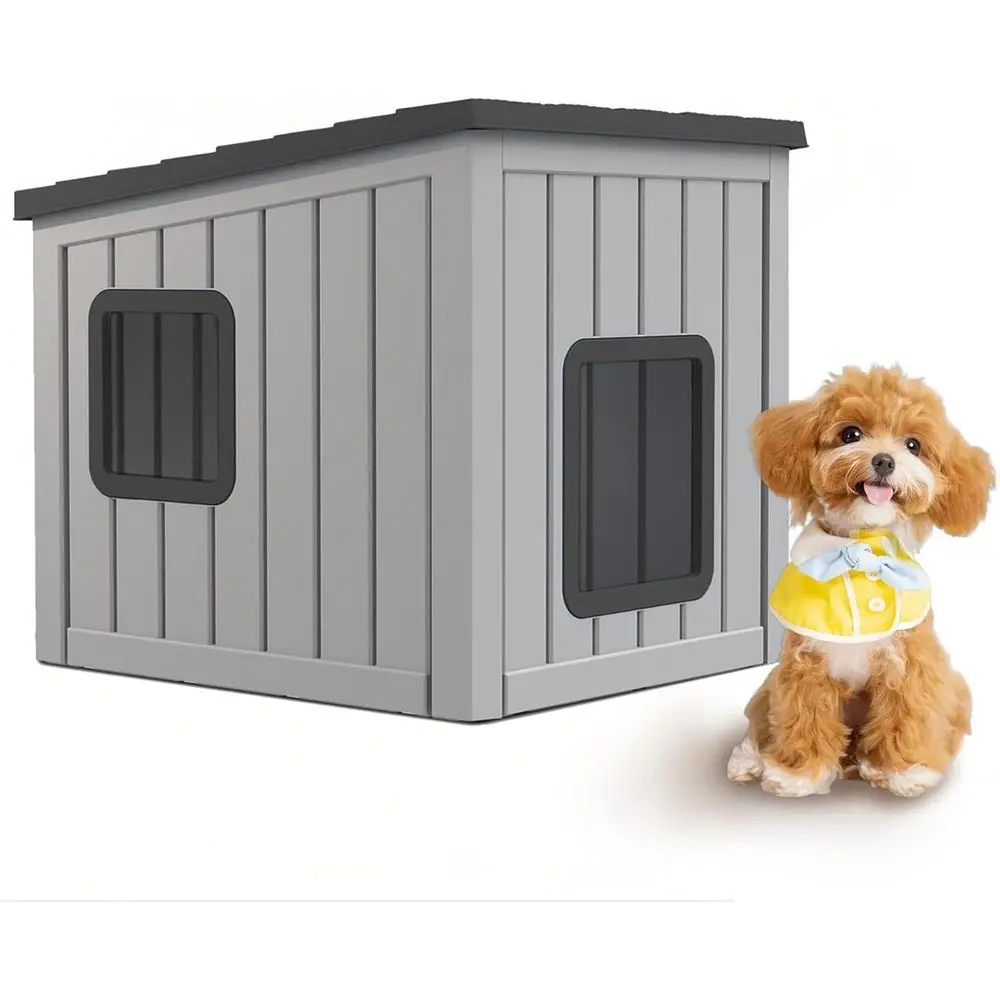 

Всепогодный домик для собак из полимерной смолы со скатной крышей для использования в помещении/на улице - простая сборка, съемное дно, подходит для собак малых и средних пород