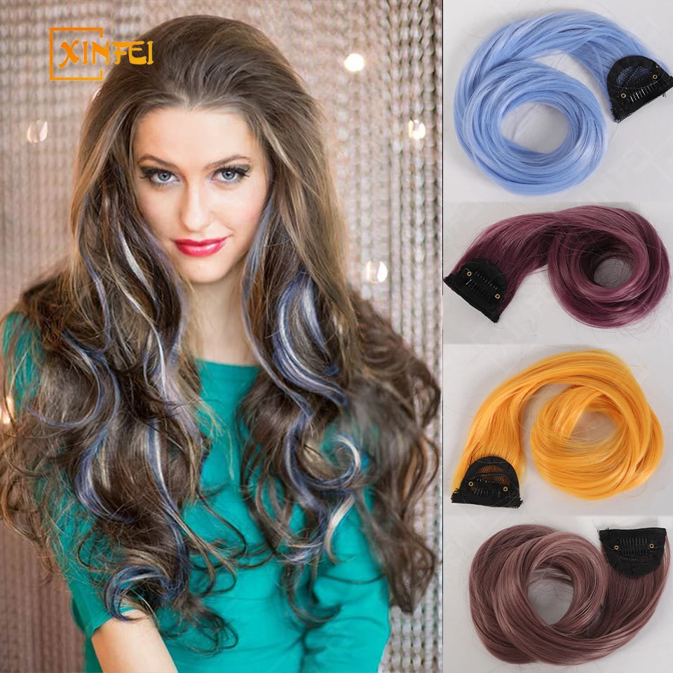 Synthetic Long Wavy Colorful Clip in Hair Extensions for Women Blue Yellow Clip In Highlight Rainbow Hairpieces Party Daily Use