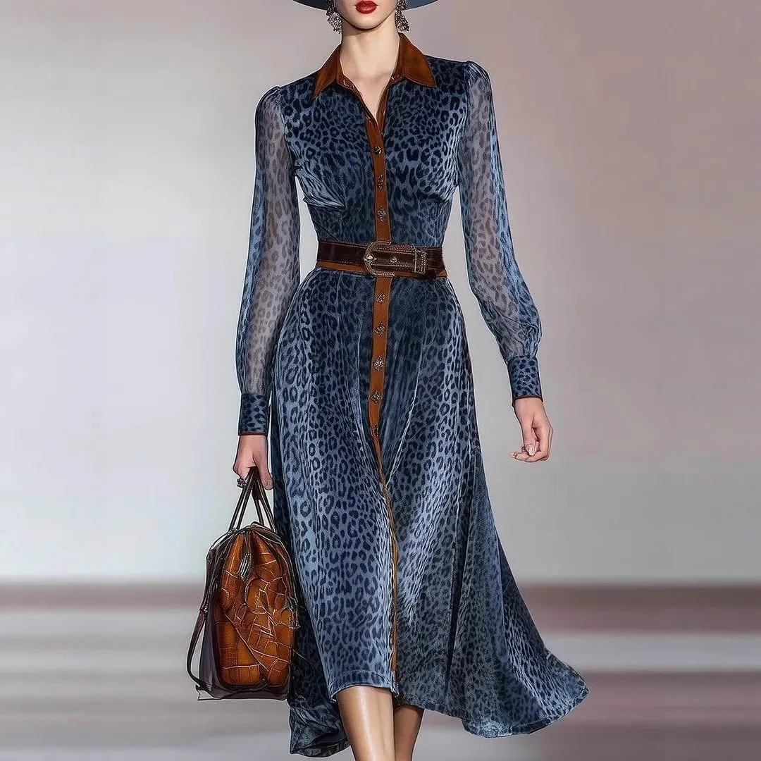 

2026 New Fashion Printed Button Belt Dresses Women Spring Casual Loose Leopard Print Lapel Long Sleeve Dress For Women