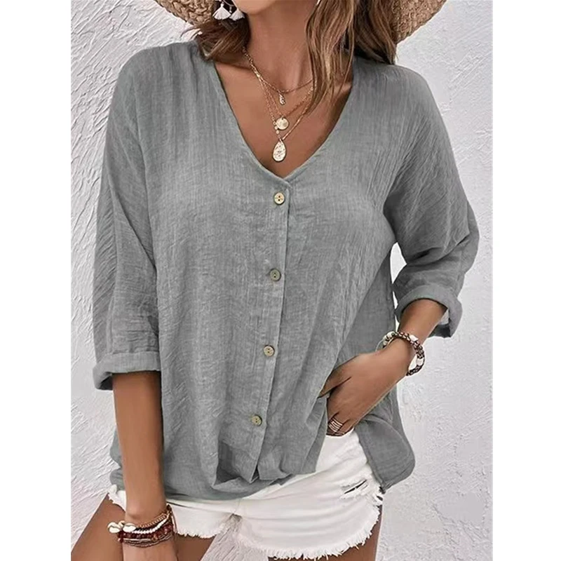 Women Vintage Simple Casual Streetwear Button Shirts Spring Autumn V Neck Long Sleeve Blouses Solid Loose Tops Y2K Ropa De Mujer