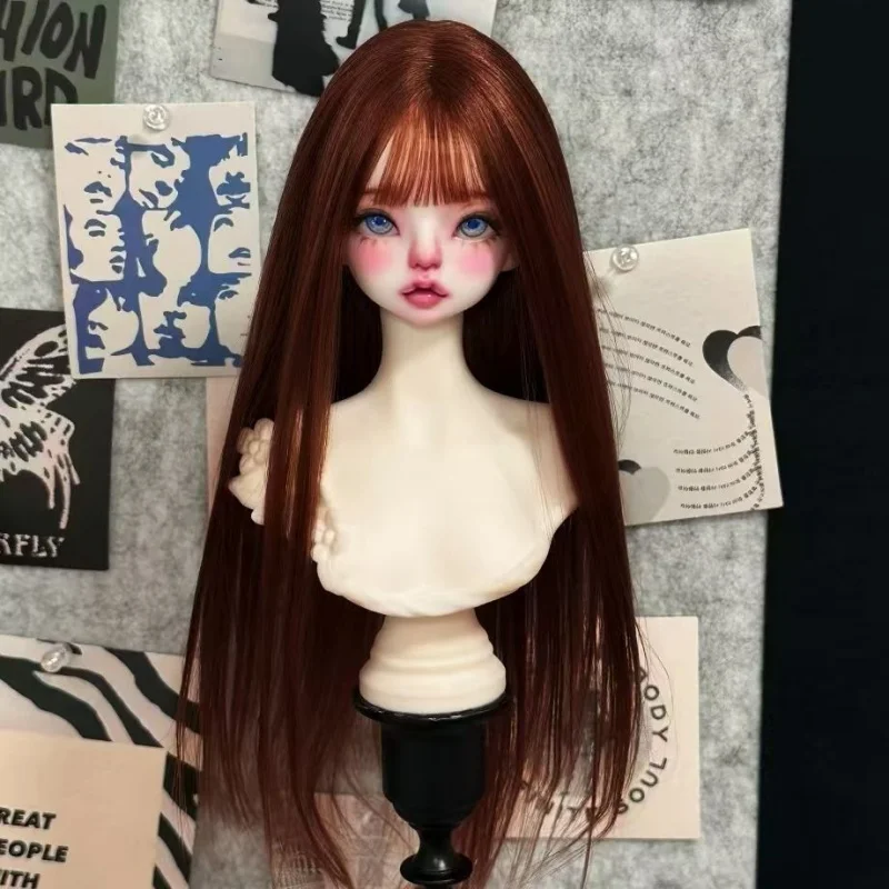 bjd Doll wig fits on 1/3 1/4 1/6 size dark brown high temperature silky fringe long straight hair wig hair set Doll accessories