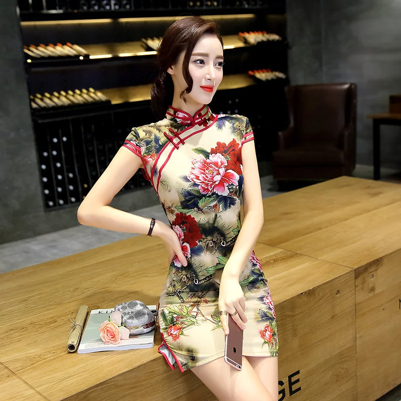 

Sheng Coco Chinese Oriental Style Qipao Dresses Mudan Flowers Mini Short Silk Cheongsam Fashion Old Shanghai Sexy Chipao Qi Girl