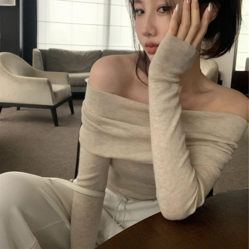 Long Sleeve Pullovers Women Spring Girls Korean Fashion Elegant Korean Style Simple Leisure All-match Off Shoulder Designed Cozy