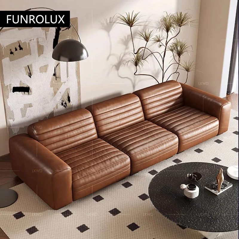 Cream Wind Leather Sofa Head Layer Cowhide Villa Large Flat Dark Color Light Color Leather Sofa Business Home Sofa