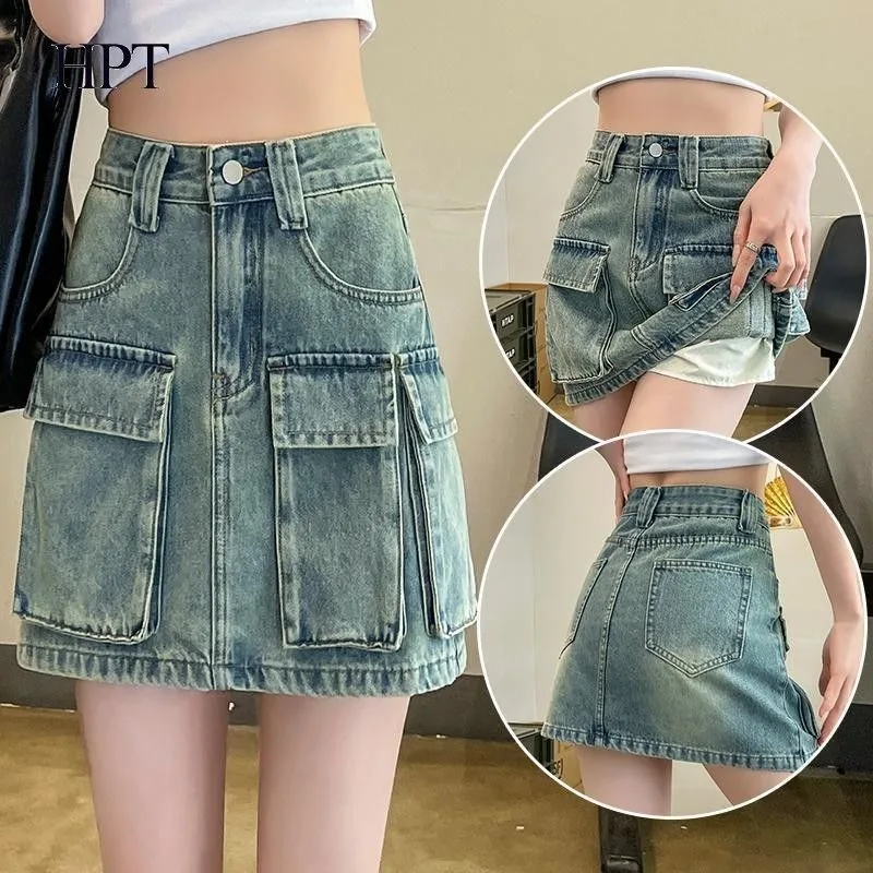 เครื่องมือ DENIM กระโปรงผู้หญิงกระโปรงสั้นรูปลูกแพร์ไขมันเล็กน้อยและบางเอว A-รูปฤดูร้อนเครื่องเทศขนาดเล็กสาวสะโพกกระโปรง