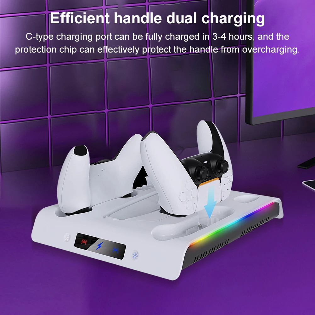 For PS 5 Slim/PS 5 Pro Cooling Stand & Controller Charging Station with Headphone Hook 3 Levels Cooling Fan RGB Lights for PS 5