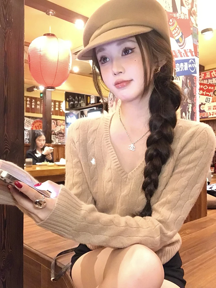 

Классический женский свитер Buleng с вышивкой, V-образным вырезом, приталенный, осенне-зимний, высококачественный, из твист-трикотажа, уютный и стильный