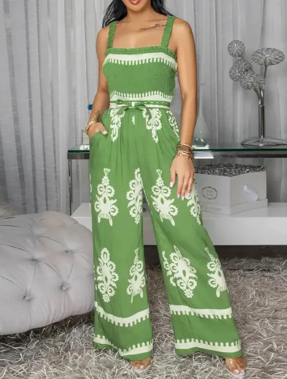 Jumpsuit Women New Vintage Floral Print Square Neck Stretchy Straps Shirred Backless Ovealls Casual Tie Waist Wide Leg Jumpsuit